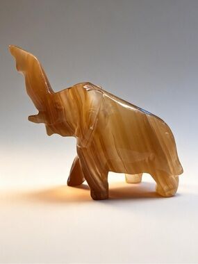 Vintage Hand Carved Banded Onyx Elephant Figurine Stone Sculpture 7 Inch